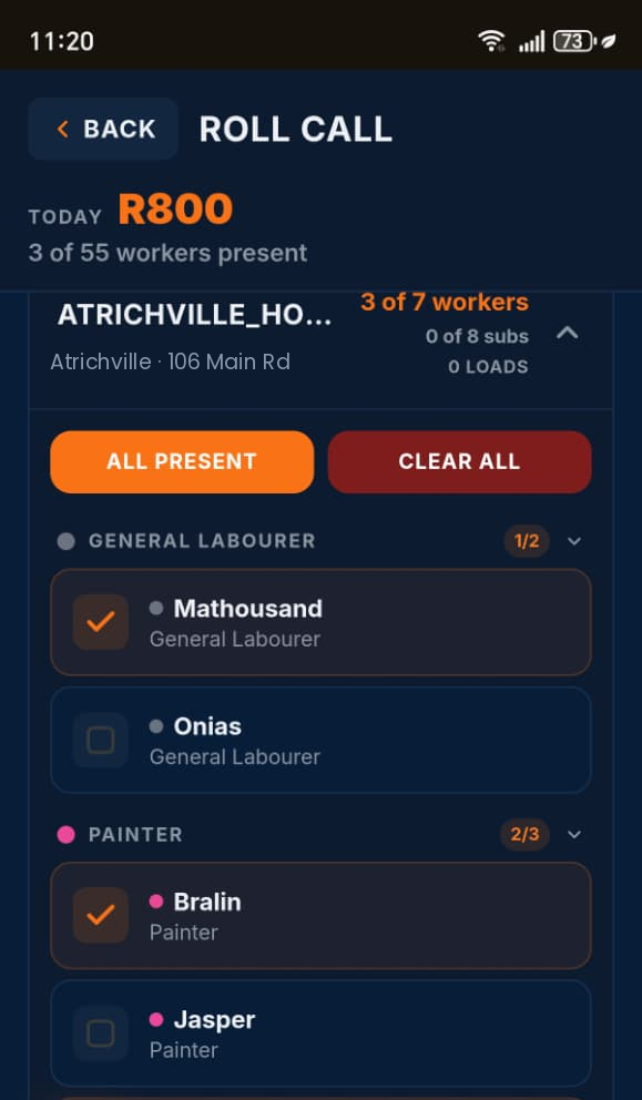 The roll-call screen on a phone, with each worker marked present, absent or rain day for the day